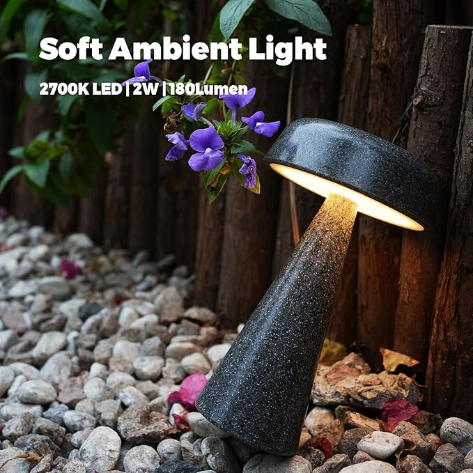 Cordless Mushroom Lamp Rechargeable, Portable Battery Operated Table Lamp Waterproof, Touch Dimmable Night Light for Bedroom/Patio/Dinning/Outdoor (Gypsophila Black)