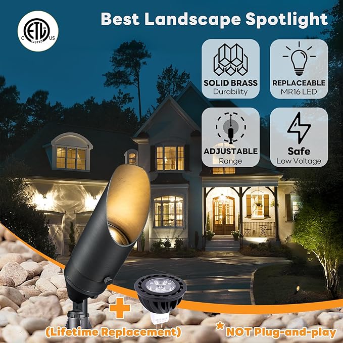 Gardenreet Brass Landscape Spotlights Low Voltage - Outdoor LED Uplight 12V, Wired Spot Lights IP65 Waterproof, Bronze for Exterior Garden Yard Tree House with 5W 2700K Warm White MR16 Bulb