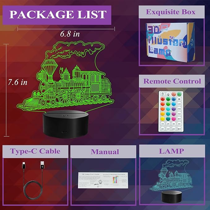 Train Night Light, Stream Train Gifts, 3D Illusion Lamp with Remote Control, 16 RGB Colors, 4 Flashing Modes, Timer, Kids Room Decor