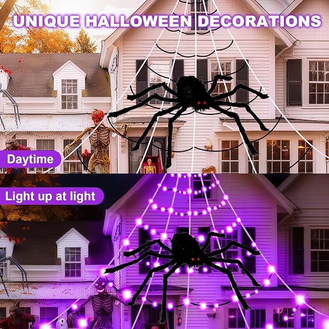 Halloween Spider Webs Decorations Outdoor Lights, 19.7*14.8FT Giant Spider Web with 250LED Purple Lights, Halloween Light up Triangular Black Spider Web with 8 Modes&Spider for Yard Home Parties Decor