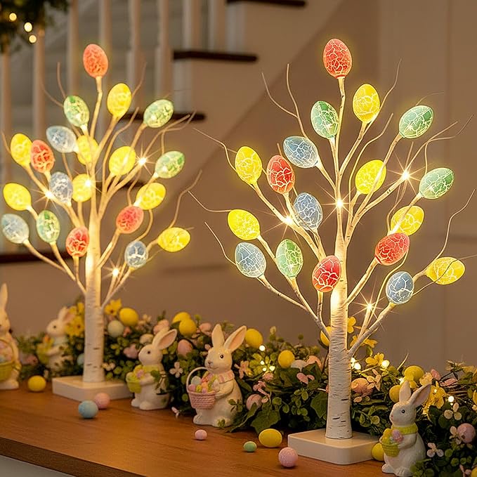 PEIDUO Easter Decorations, 2 Pcs Lighted Easter Tree with 36 Eggs, Battery Powered Birch Tree with Timer for Spring Decoration Indoor Decor (22inch /24 LEDs