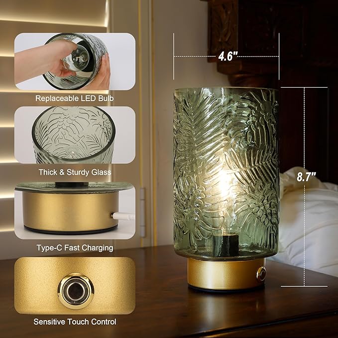 Cordless Lamp Rechargeable Battery Operated lamp, Glass Table Lamp Remote Control - Dimmable Brightness Touch Wireless Bedside Lamp for Bedroom Kitchen Dining Home Living Room Decor Green