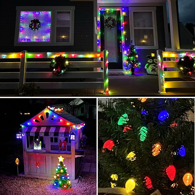 Xmas Decorations - 25Ft Multicolor C9 LED Christmas Lights Outdoor Waterproof, Plug in LED C9 Christmas Lights for House Tree Mantel Yard Indoor Outdoor Xmas Decor, 35 Shatterproof Bulbs, 0.6W