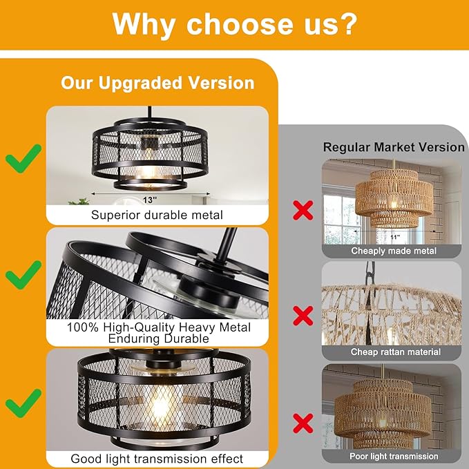 13" Modern Pendant Lights Kitchen Island, Matte Black Pendant Light Fixtures with Clear Glass Shade, Industrial Farmhouse Hanging Pendant Lights for Kitchen Island Dining Room Bedroom Hallway Entryway