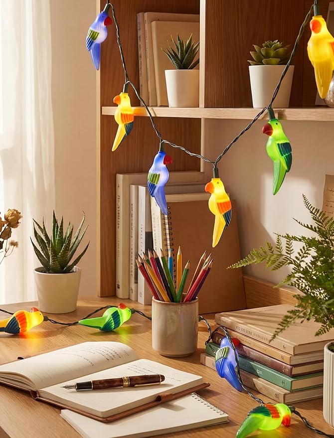 8.5Ft Parrot Outdoor String Lights, LED Tropical Themed Patio Lights with 10 Multicolor Birds Lights, Plug in Hanging Fairy String Lights for Backyard Summer Camp Window Decor Gift