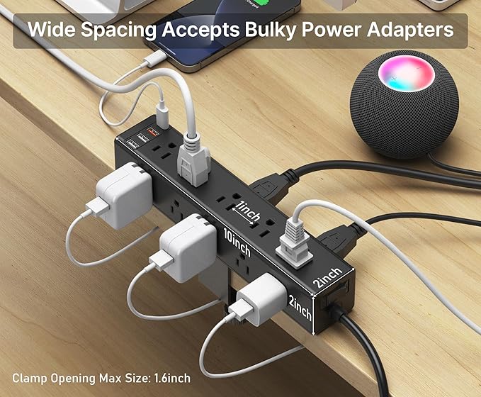 CCCEI Standing Desk Clamp Power Strip with 15 Outlets, Black Desktop Edge Mount Surge Protector Outlet, Fast Charging USB-A and 45W USB-C Ports, 6 FT Flat Plug, Black Fit 1.6 inch Table top.