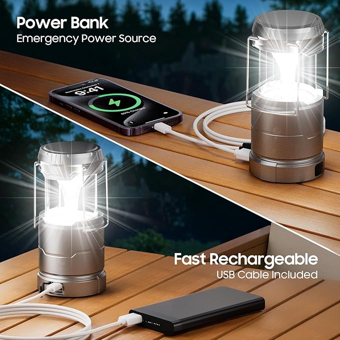 2 Pack Camping Lantern Rechargeable Collapsible, 1000LM 65 LED 3 Light Modes Camping Lights, Stepless Dimming, Waterproof Portable Lanterns for Camping Power Outages Tent Emergency Home Hiking