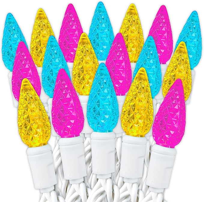 70 Light 24Ft Spring Easter Lights Commercial String Lights C6 LED Strawberry Faceted Bulb – Yellow/Teal/Pink, White Wire, Indoor/Outdoor, Full Wave No Flicker, Connect 43 Sets