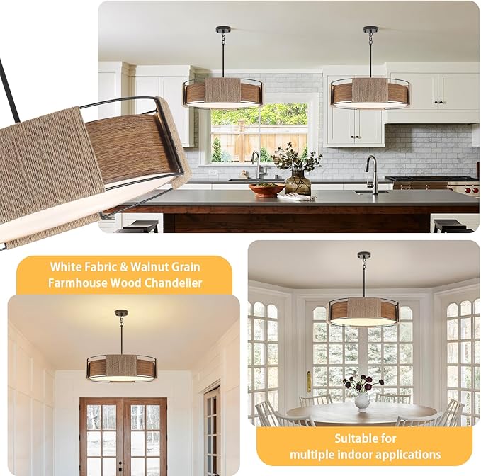4-Light Rattan Chandelier, 23.62'' Dual-Layer Shade Light Rustic Rattan and Metal Wood Grain Round Pendant Kitchen Island Lighting Hanging Drum Chandeliers for Dining Room Foyer Bedroom Living Room