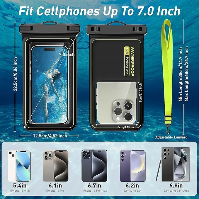 Marine IP68 Waterproof Phone Pouch, Floating Waterproof Phone Case with iPhone 17/16/15 Pro Max/ 14 Pro Max/ 13 Pro Max/ 12/ S24 Up to 7 inch, 2 Pack Black/Hi-Vis Yellow