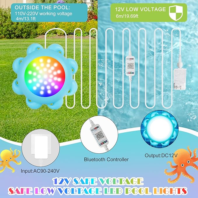 Rechargeable Pool Lights,LED Pool Lights with APP & Remote Control,20W RGB Dimmable Smart Underwater Lights with Timer,IP68 Waterproof Music Sync for Aboveground Inground Pools 33ft Cord (RGB-10W)