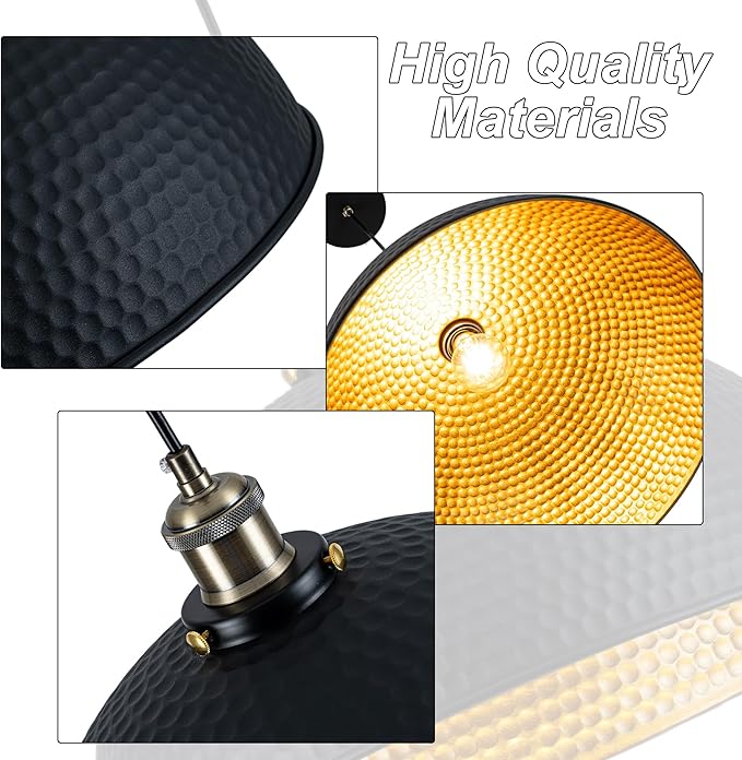 Industrial Large Black Gold Pendant Lights 2-Pack Vintage 16" Dome Pendant Light Fixtures with Golden Finish Rustic Farmhouse Black Pendant Lights for Kitchen Island, Dining Room, Bedroom