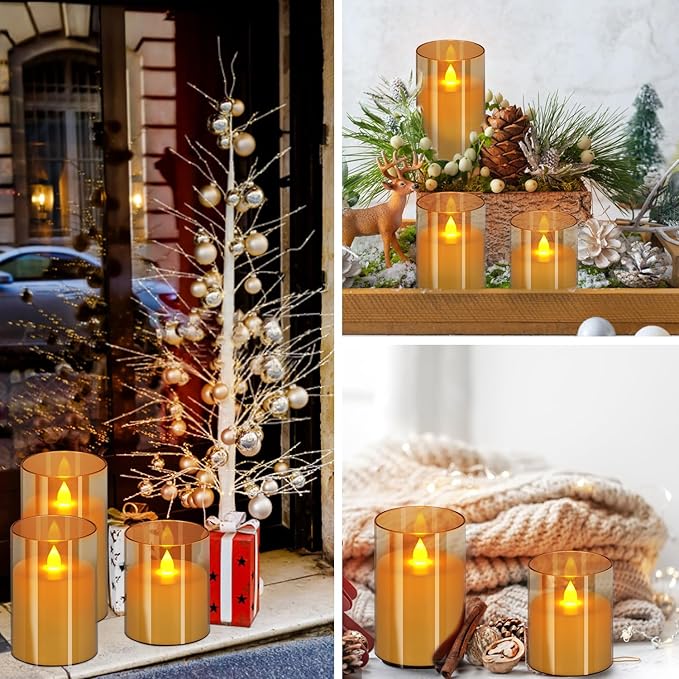 Flameless Candles 4" 5" 6" Set of 3 Acrylic Glass Pillars 3" Diameter Battery Operated Flickering Candles Include 8-Key Remote with Timer Function 400+ Hours (Amber, 3 Pack)