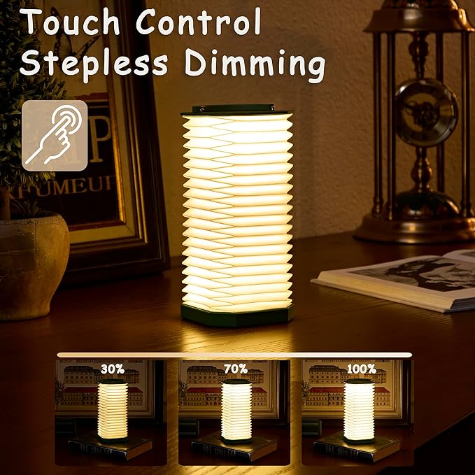 Paper Lamp House Warming Gifts, Portable Cordless Foldable Small Bedside Lamp, Retro Green Accordion Desk Lamp, Paper Lantern Lights 1200mAh, Japanese Gifts Collapsible Pleated Wireless lamp