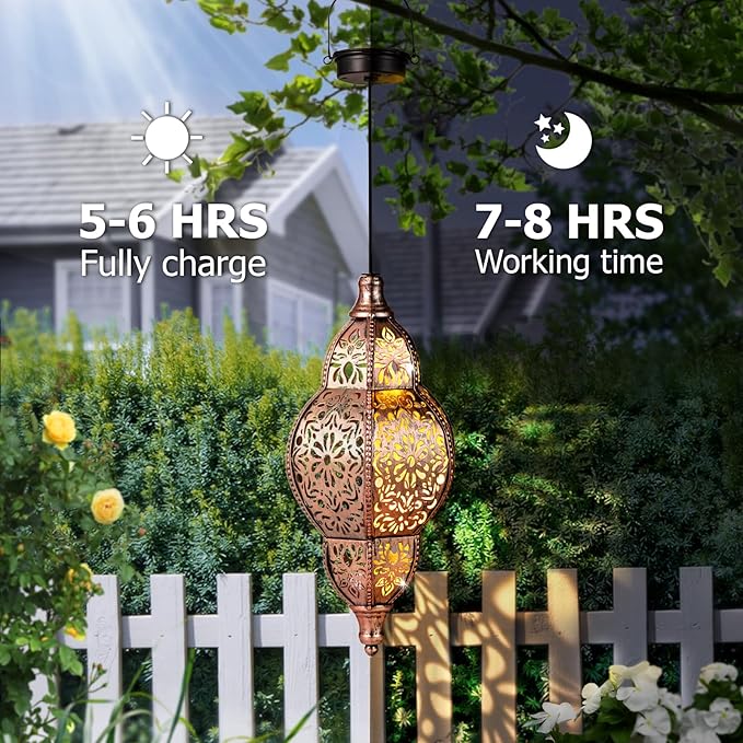 Hanging Solar Lantern Outdoor Decor, Moroccan Solar Lights for Outside Garden Decorations, Waterproof Solar Lanterns Garden Gifts for Mom, Women, Patio, Yard Ornament (Copper2P)