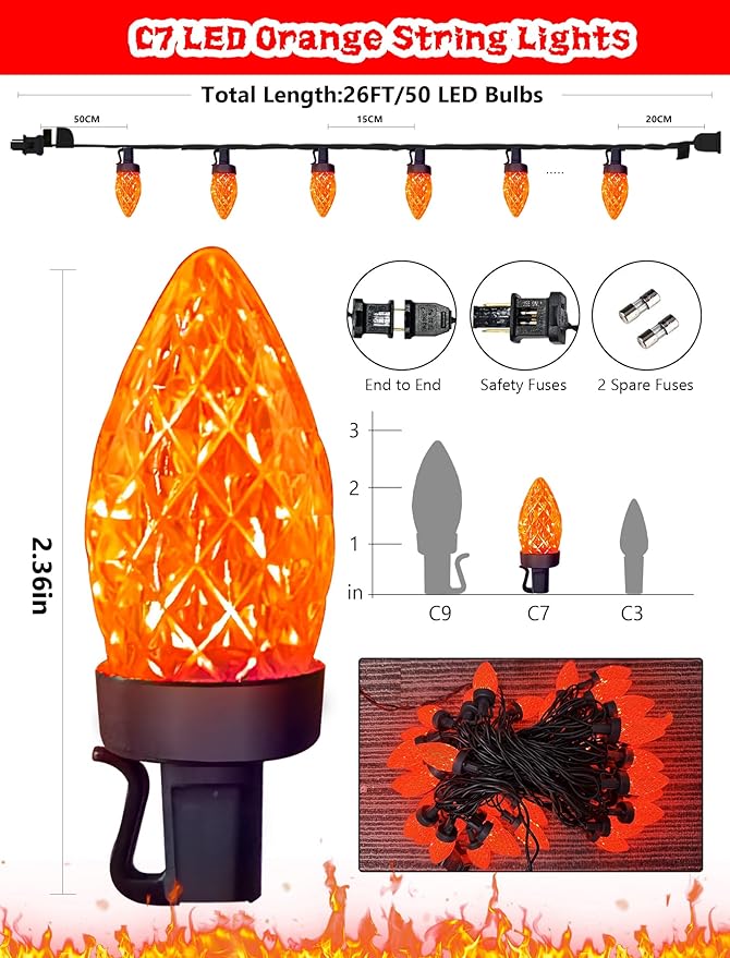 Orange Halloween String Lights Outdoor, 26Ft Halloween Decorations Lights with 50 C7 LED Strawberry Orange Bulbs, Hanging Outdoor Patio Light for Outside Roofline Fall House Window Holiday Party Decor
