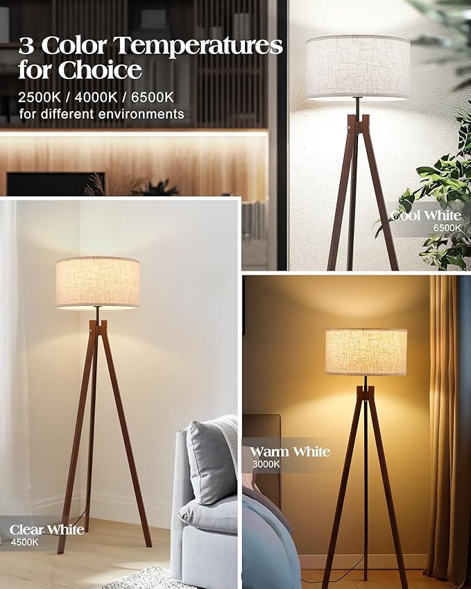 ELYONA Wood Tripod Floor Lamp, Mid Century Reading Standing Lamp with 3 Color Temperatures & Linen Shade, Modern Night Light for Bedroom, Farmhouse, Living Room, Office, 9W LED Bulb Included, Brown
