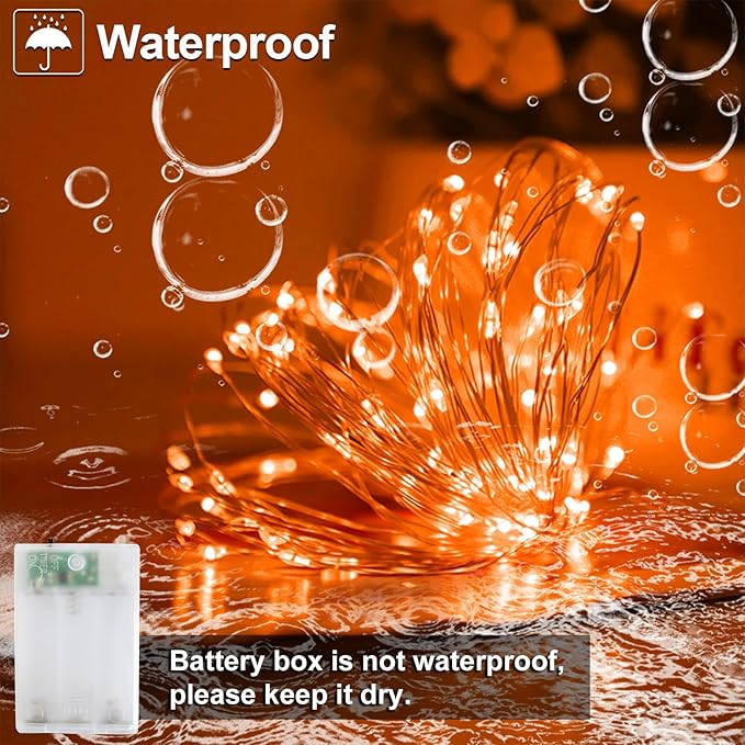 YAOZHOU Thanksgiving Fall Decorations Orange Fairy String Lights Indoor, Battery Operated Powered with Timer, 2 Pack Total 33FT 100 Led Mini Mason Jar Waterproof Firefly Halloween Lights DIY Party