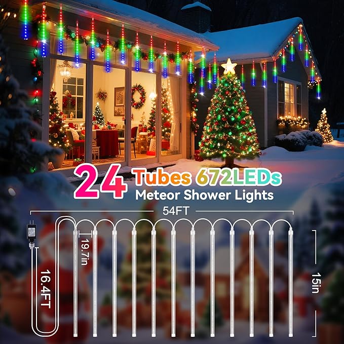 KNONEW Christmas Lights Outdoor, 15 inch 24 Tubes 672 LED Meteor Shower Lights Plug in Waterproof Falling Rain Light for Xmas Tree Wedding Party Garden Holiday Rooftop Decorations (Multicolor)
