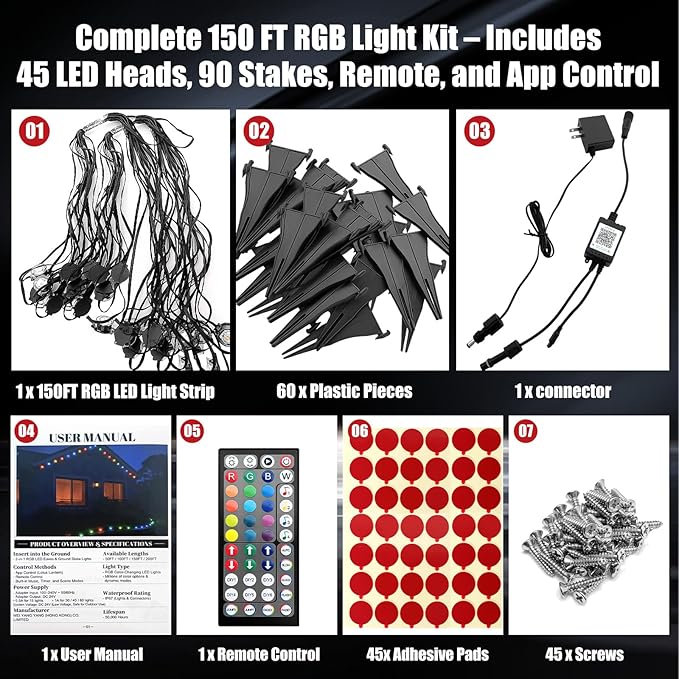 150 FT Permanent Outdoor Lights, Waterproof 2-in-1 Eaves & Ground Stakes LED String Lights with App/Remote Control for House, Garden– Smart Color-Changing Lighting for Halloween Christmas Decorations