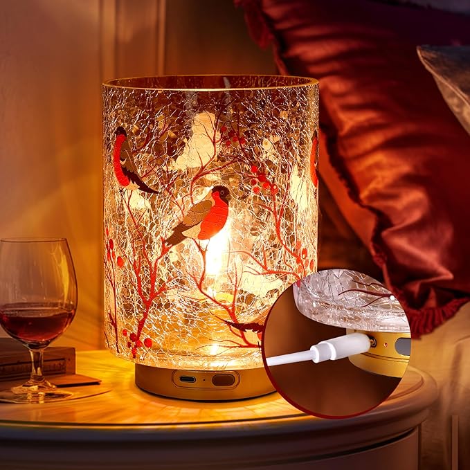 Rechargeable Battery Table Lamp Timer, Handmade Crackle Glass Lamps with Two-Level Dimmer, Emergency Cordless Lamp for Area No Plug, Decorative Mood Light for Entryway/Corner/Bedroom/Bathroom(Red)