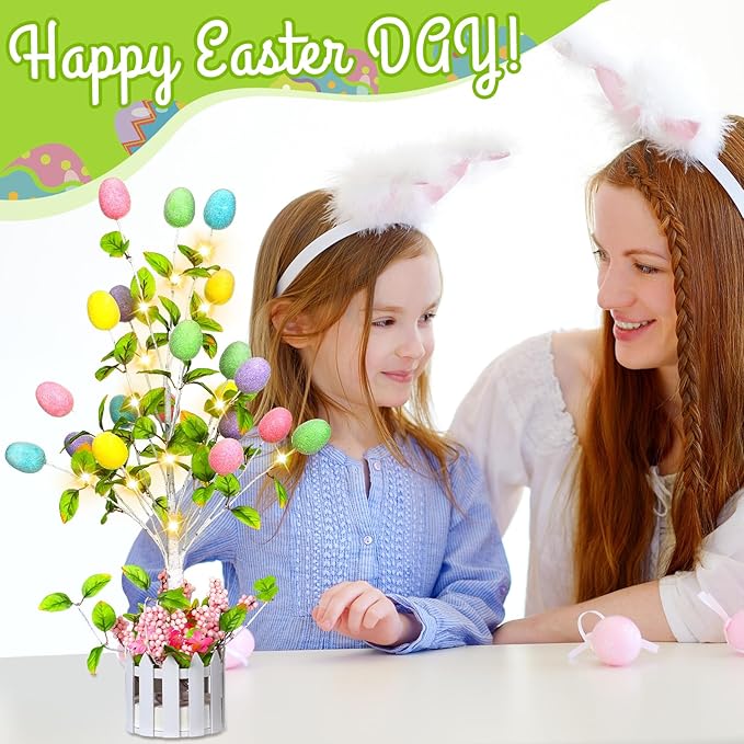 24 Inch Tall Lighted Easter Egg Tree Tabletop Decoration with LED Light Indoor Glow Easter Egg Tree Table Decor for Home Party Wedding Holiday Spring Party Decoration