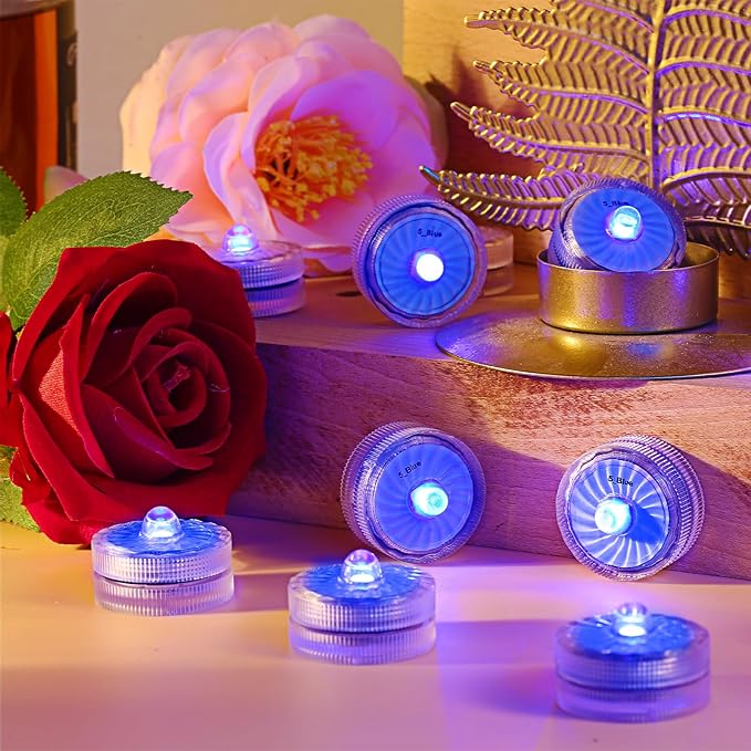 Blue Submersible Led Lights, Waterproof Tea Lights Mini Led Light 100H Battery Operated Underwater Lights for Vase Lantern Table Centerpieces Wedding Party Halloween Christmas Decor (12 Pack)