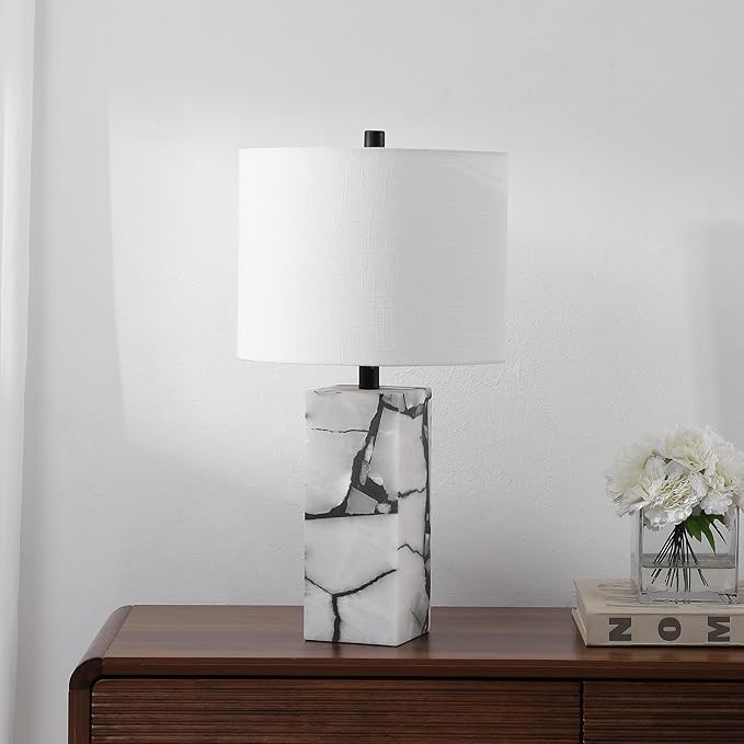 JONATHAN Y JYL8507A Elizabeth 24.25" Contemporary Coastal Alabaster LED Table Lamp with Body Night Light Bedroom, Living Room, Office, Dining Room, Black/White