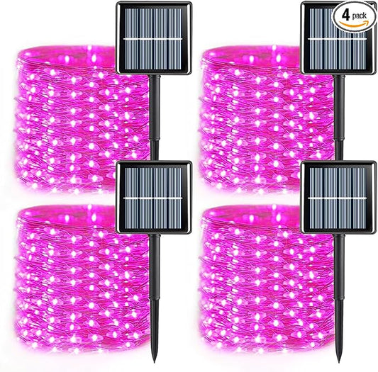 YEGUO 4 Pack Pink Solar Fairy Lights, Each 33ft 100 LED Christmas Lights Outdoor Waterproof, 8 Modes Sliver Wire Solar String Lights