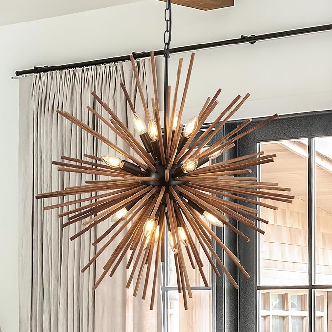 31.3" Farmhouse Sputnik Chandelier for Dining Room Rustic Handmade Natural Wood 16-Light Hanging Ceiling Pendant Light Fixture Starburst Wood Chandeliers for Kitchen Bedroom Foyer Hallway