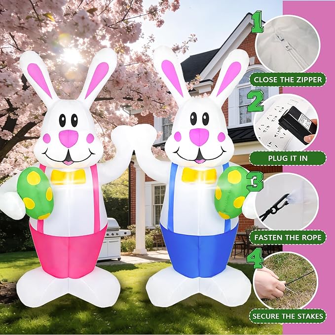 Dearsun Set of 2PCS, 6.2FT H Lovely Easter Inflatable Bunnies Holding Easter Egg, Easter Bunny Blow up Yard Decorations Giant Bunny for Holiday Party Indoor Outdoor Decorations