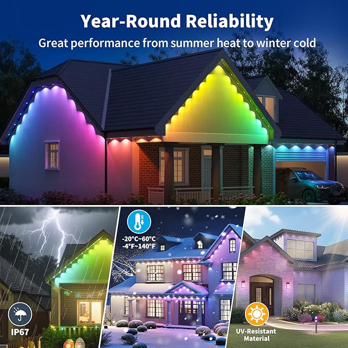 XINKAITE 50FT Permanent Outdoor Lights with 25 LEDs - Smart RGB+IC with 16 Million DIY Colors, IP67 Waterproof, App & Remote Control, Hundreds of Dynamic & Scene Modes for Holidays, Christmas & Home