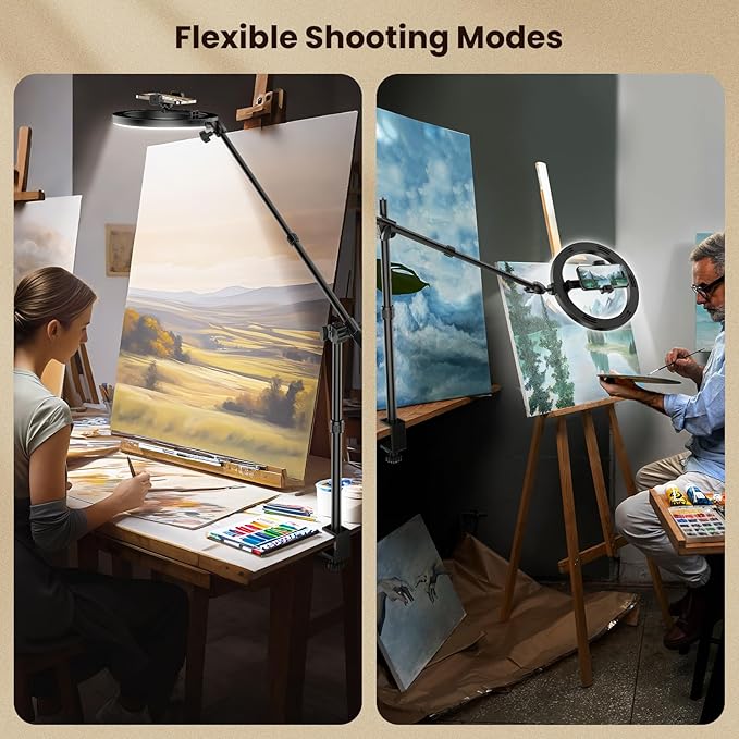 Ring Light Overhead Phone Camera Mount for Desk Tripod - 10" Ring Light with Stand - Solid Ringlight with Clamp for Artist Drawing, Video Recording, Live Streaming
