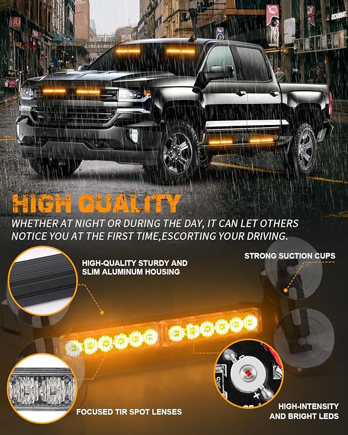 XRIDONSEN Amber Strobe Lights 2x10.7 inch 24 LED Emergency Light Bar Warning Flashing Safety Dash Side Window Front/Rear windshield Lights Grill Surface Mount for Plow Trucks Construction Vehicles Car