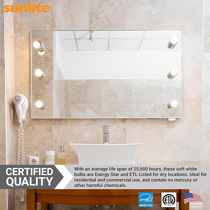 Sunlite G16.5 Light Bulb LED, 5 Watts (40W Equiv.), 350 Lumens, Dimmable, Type G Globe Shape E12 Candelabra Base, Short Bulbs, Vanity Mirror Bulbs, 2700K Soft White, Clear, 6 Count