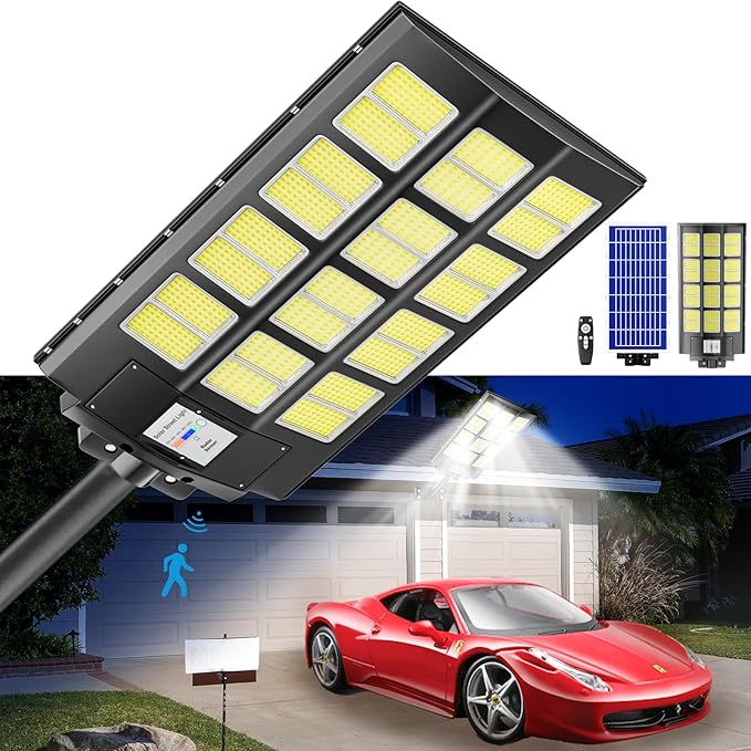 loyoele Solar Street Light 8000W Outdoor Waterproof, Solar Outdoor LED Street Light 120000 Lumens 7000K Dusk to Dawn, LED Wide Angle Lamp with Motion Sensor, for Parking Lot, Yard 1-Pack