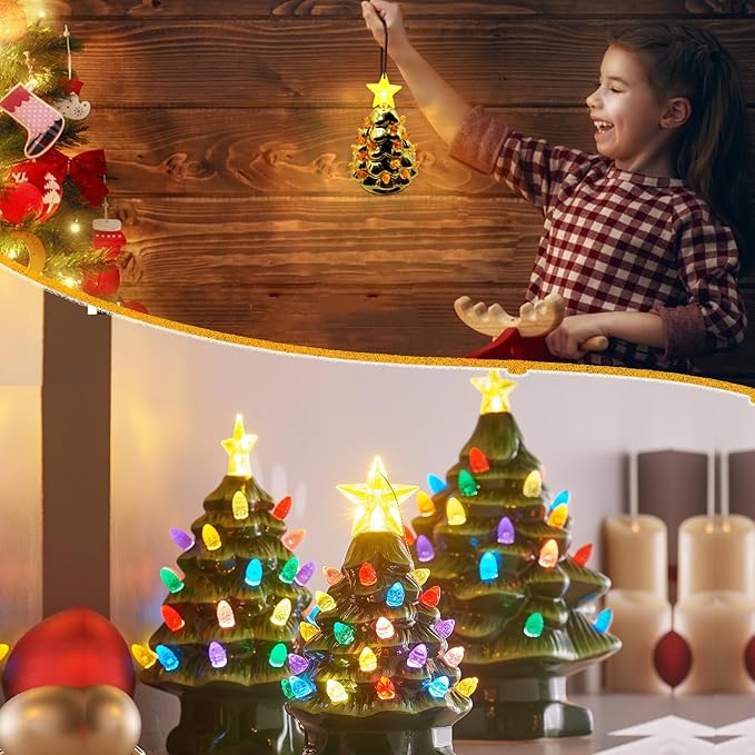 Golden Yellow Replacement Lights Bulbs for Ceramic Christmas Tree, Mini Flame Light Ornaments for Ceramic Tree, Small Twist Pegs Accessories for Crafts, 2 Stars Treetopper＆177 Bulbs Set