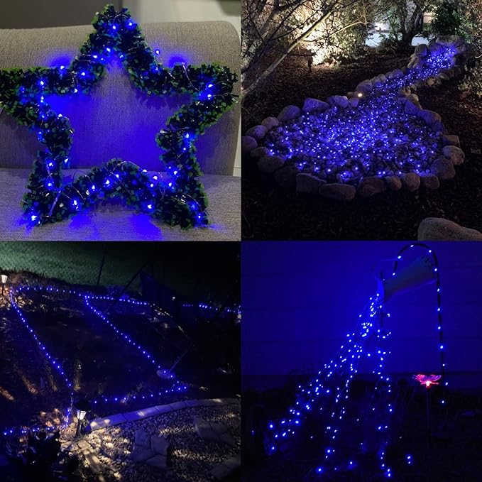 QITONG Blue Solar Christmas Lights, 4 Pack Each 33ft 100 LED Fairy Lights Outdoor Waterproof, 8 Modes Silver Wire Twinkle Mini Lights