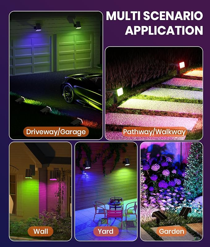 Solar Spotlights Focus Lights Outdoor Waterproof IP65,Multicolor,RGB,4 Pack,6 Color,2 Lighting Modes,105°Adjustable 58 LED Spot Lights Solar Prowered Flood Light for Yard/Landscape/Garden/House