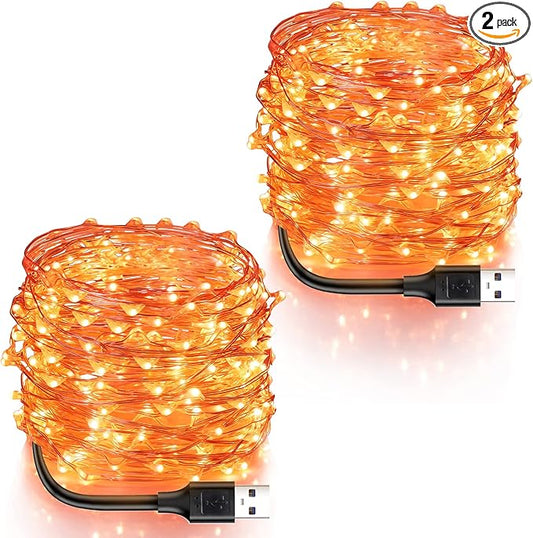 Blingstar USB Powered Fairy Lights, 2 Pack 33Ft 100 LED, Flexible Silver Wire, Mini String Lights for Halloween/Christmas Tree/Stage/Party/Holiday Indoor Decoration, Orange