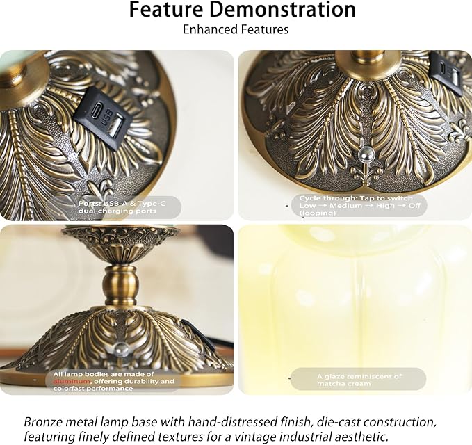 Vintage Touch Bedside Table Lamp, Elegant Milk White Glass Desk Lamp 3 Way Dimmable with USB C+A Charging Ports - Bedroom Nightstand & Living Room Essential (Vintage White, 6.5)