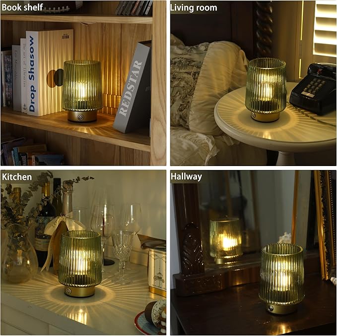 Cordless Lamp Rechargeable Battery Operated lamp, Glass Small Table lamp - Portable Dimmable Brightness Touch Wireless Bedside Lamp for Bedroom/Kitchen/Entryway/Home Living Room Decor Green