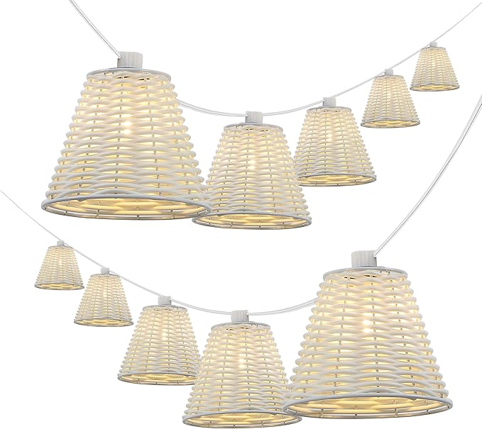 JONATHAN Y JYL8706B Payton 10-Light Indoor/Outdoor 10 ft. Classic Cottage LED G40 Faux-Rattan Shaded String Lights Coastal, Traditional, Farmhouse, Rustic, Patio, Porch, Backyard, White