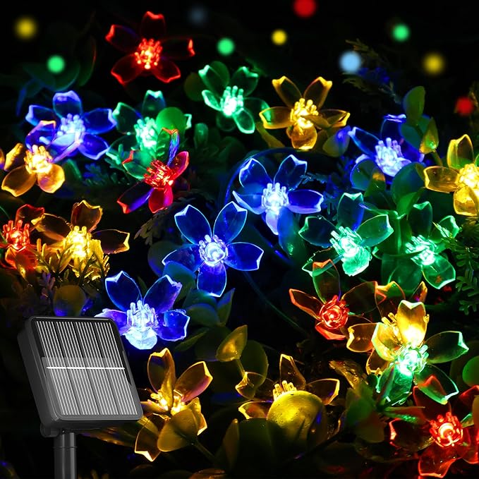 Solar String Lights for Outside，50 LED Solar Flower Lights Outdoor Waterproof ，Solar Powered Outdoor Decorative String Light for Yard, Lawn, Fence, Flower Garden, Christmas Tree Tree(Multi-Colored)