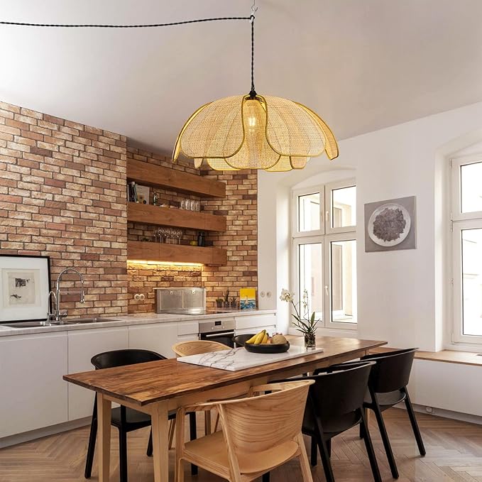 Boho Chandelier, Hemp Rope Pendant Light Hand-Woven Rattan Hanging Lamp Wicker Retro Light Fixtures for Hallway Entryway Kitchen Island Dining Room Bedroom(1-Pack)