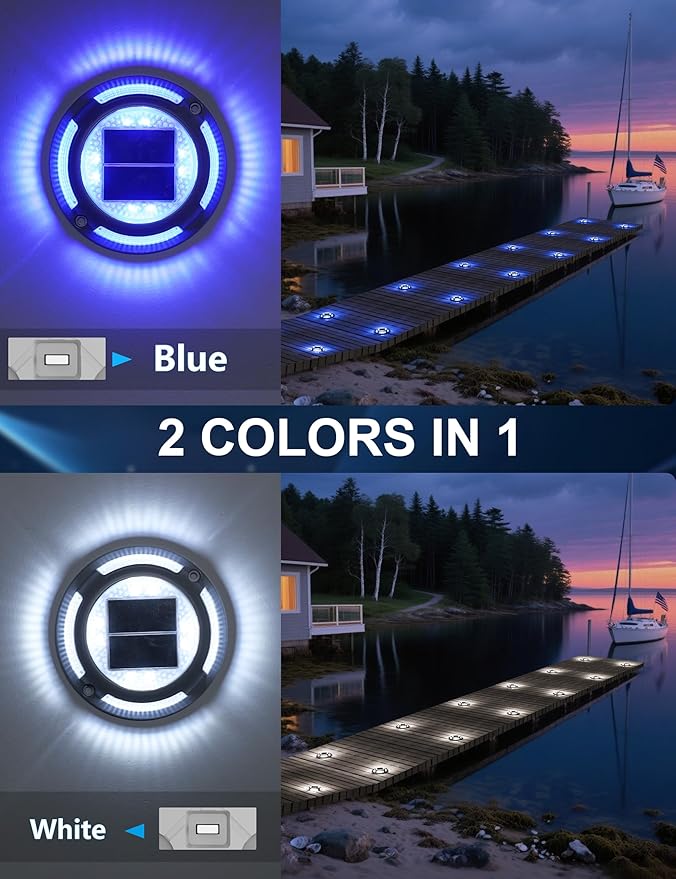 VOLISUN Solar Driveway & Deck Lights 12 Pack Waterproof Dock & Marine Ground Lights,2-in-1 Blue & White LED,Solar Marker for Pathways,Steps,and Warning Signs,Auto On/Off