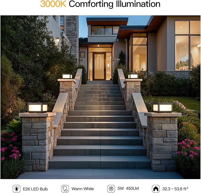 Outdoor Post Lights Hard Wired, 9.8" Pillar Lights Waterproof, AC100-240V LED Column Lamp, Electric Modern Fence Deck Cap Lantern 3000K Lighting for Patio Garden Driveways Entrances Posts