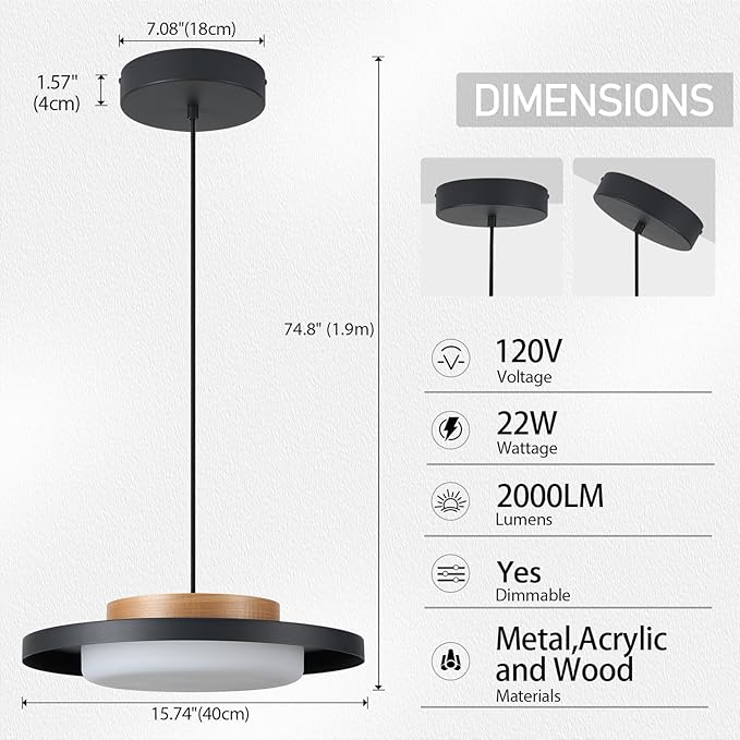 Dimmable Pendant Lights,15 inch,Real Wood Cap,3000K/Warm White/22W,LED Pendant Light Fixtures for Kitchen, Dining Room, Living Room,Black