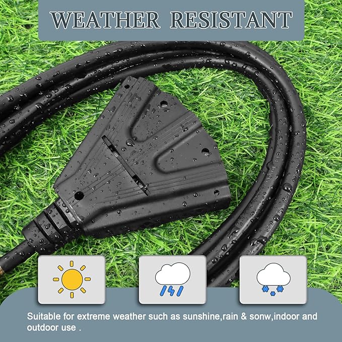 10 Ft Outdoor Extension Cord with 3 Electrical Power Outlets - 16/3 SJTW Long-Lasting Black Cable with 3 Prong Grounded Plug
