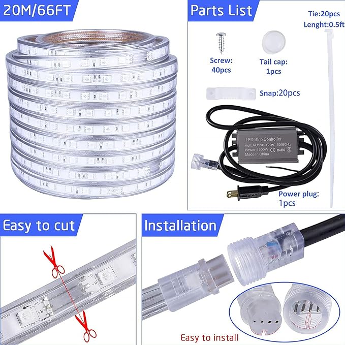 110V 8 Colors RGB Dimmable Strip Light Outdoor 65.6ft 20m Rope Lighting Kit Indoor Waterproof IP65 Cuttable Connectable Flexible for DIY Christmas Bar Parties Landscape Decoration